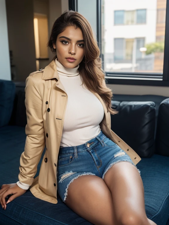 flirty 1 hindus girl, Banni, smoking a joint inside a coffe shop, sitting on a couch, legs towards camera, with a beer in the hand,Golden Locks hair, detailed freckles, brown eyes, very slim, thicc thighs, posing in Amsterdam, modeling, wearing turtleneck, trench coat, tight denim shorts, black gloves,scarf, The image,white plastic boots, realistic hyper-detailed photo captured in stunning Ultra HD, 8k resolution, Nikon D850, — style raw — c 10 — ar 2:3 — s 250V