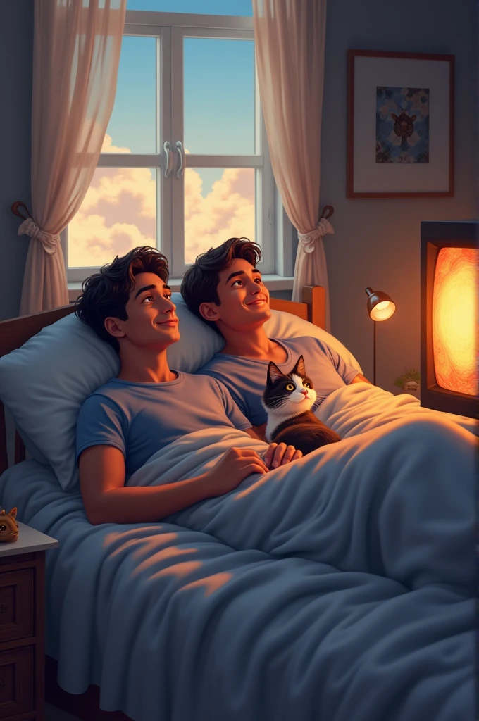 Couple of men lying in bed with cat, watching TV