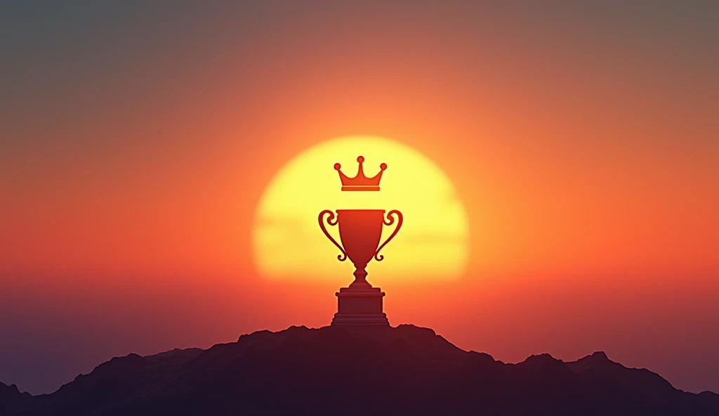 /Imagine uma thumbnail cativante 16:9 showing the theme of humility triumphing over pride. The background features a gradient sunset, symbolizing hope and growth. Include small icons like a crown (for pride) fading into the background, contrasting with the trophy. --ar 16:9 --v 5 --q 2 --style 4b --no people