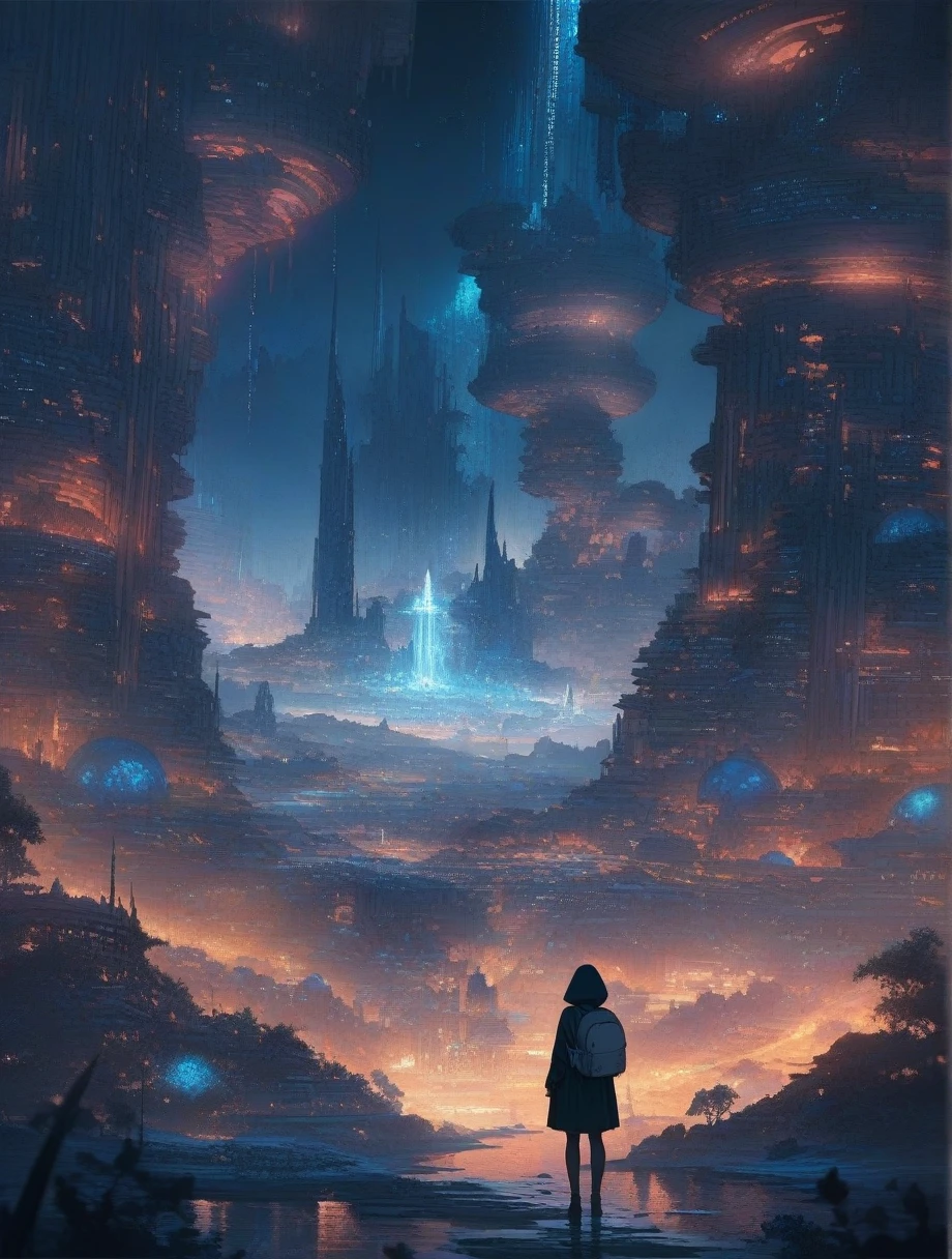 score_9, score_8_up, score_7_up, score_anime, masterpiece, best quality, delicate illustration, sharp line, sharp focus, BREAK,Traveler girl wandering in the ruins of endless night, the girl is wearing a hood, a lot of baggage in her backpack.,Night, future city, fantastic landscape, beautiful scenery, harmony with nature, spectacular view, machine city,((dark))