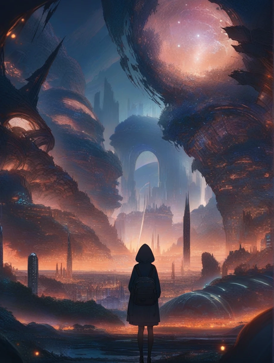 score_9, score_8_up, score_7_up, score_anime, masterpiece, best quality, delicate illustration, sharp line, sharp focus, BREAK,Traveler girl wandering in the ruins of endless night, the girl is wearing a hood, a lot of baggage in her backpack.,Night, future city, fantastic landscape, beautiful scenery, harmony with nature, spectacular view, machine city,((dark))