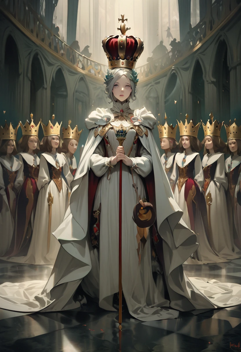 King , invisible clothes , crown , scepter , regal posture , grand royal court , confused courtiers , surreal , whimsical , humorous , master piece,best quality,absurdres