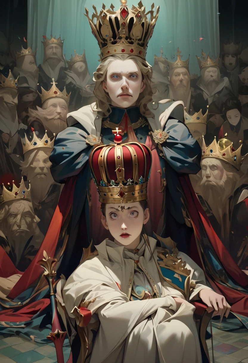 King , invisible clothes , crown , scepter , regal posture , grand royal court , confused courtiers , surreal , whimsical , humorous , master piece,best quality,absurdres