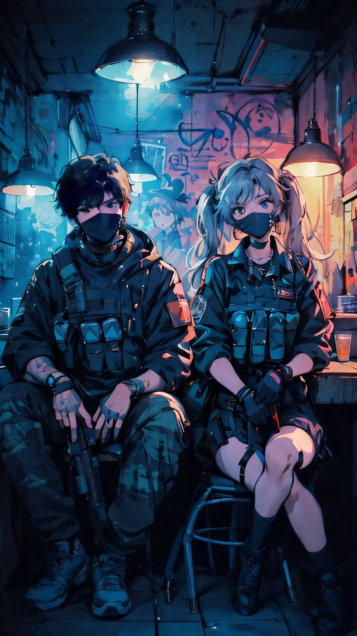(high quality), (masterpiece), (detailed), 8K, (Neon-lit underground bar1.3), (teenage couple1.3) clad in (modern tactical gear1.3) sit together, surrounded by (graffiti-covered walls1.2) and (low-hanging lights1.2). Gritty urban atmosphere matches intensity of their tactical appearance, suggesting they’re on a mission even during their downtime. (high quality), (masterpiece), (detailed), 8K, Anime style character with (cool and edgy tattoos1.3), dressed in (fashionable clothing1.2), posing confidently. Expression fierce, stylish accessory coiled around arm. Thicker outlines emphasize striking, modern fashion, vibrant palette enhances scene.