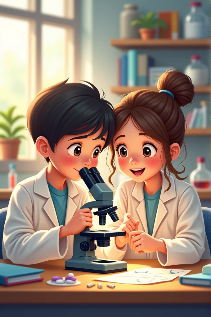 Give me a picture of a boy helping a girl using their microscope and wearing their lab coat cute picture  highschool students 