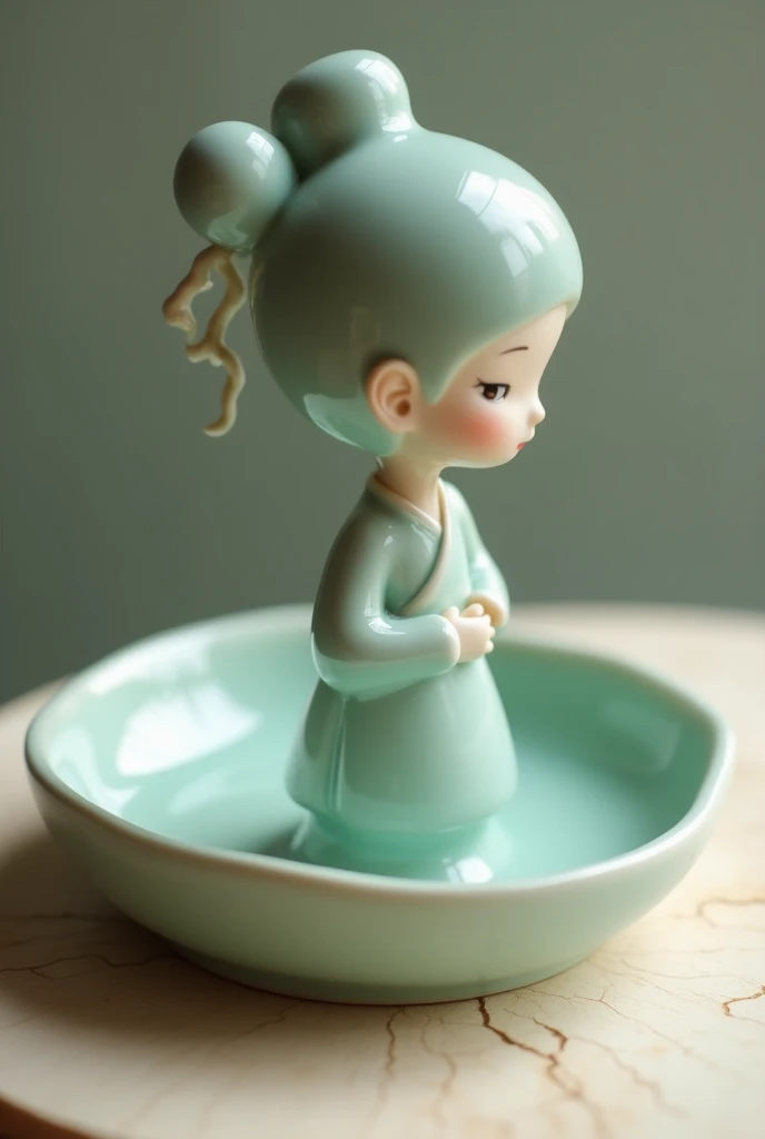 ceramic ash tray (cute woman, yuna, traditional Chinese dress sea foam green, a few egg shell cracks) sitting on a table
