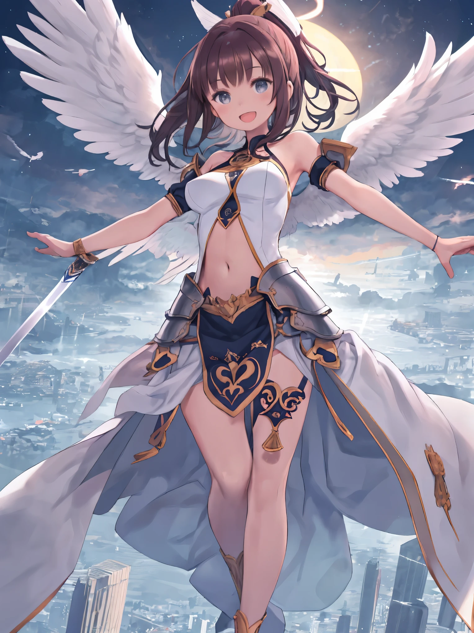 fantasy, 1angel_girl, low_teen, dark_brown_hair,ponytail,long_bangs, (dark_skin)+, bare_shoulder, navel out, thighhighs,silver_shiny_armor, white_clothes,waist_armor, Glebe, hold_swords_emits_light, medium_breasts, dynamic_flying_pose,Floating, (1pair_white_wings:1.2),(pelvic_curtain:1.3), silver_Headgear ,looking_down_at_sunset_city_sky_background,,slightly_spread_legs, ,solo,glare_halo,laugh ,smile,open_mouth,open_legs,open_arms,rise_knee,rise_leg,rise_thigh,rise_leg,forward_leaning_posture,apart_legs,trying_to_hug_viewer