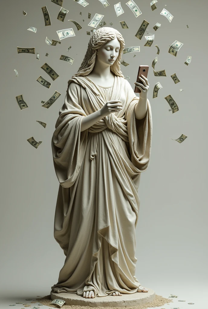 generate an ancient plaster statue with clothes on with a cell phone in hand and a shower of dollars 
