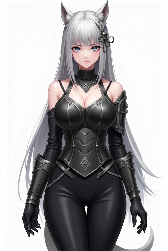 qi_aov_new, 1girl, solo, grey eyes, grey hair, bangs, long hair, hair ornament, breasts, large breasts, looking at viewer, blue eyes, white background, animal ears, bare shoulders, standing, white hair, , pants, black pants, armor, lips, gauntlets, jewelry, braid, toes, anklet, tail, ass, realistic, (masterpiece),((ultra-detailed)), (highly detailed CG illustration),(expressionless), (best quality:1.2) naked showing boobs without clothes sexy hot body 