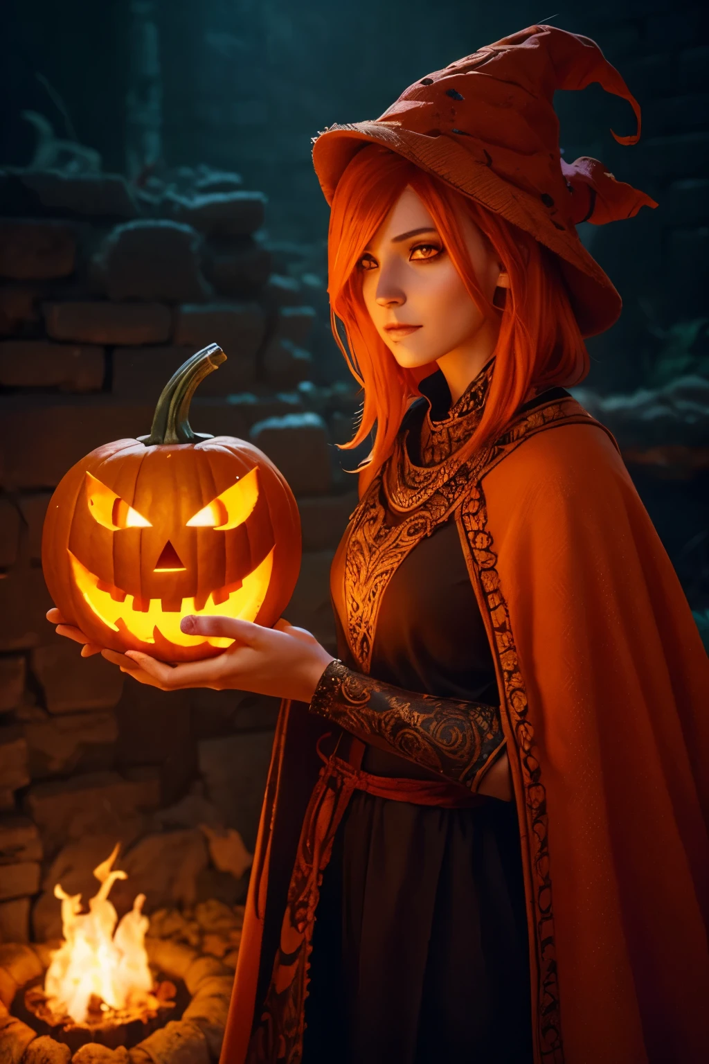 A pumpkin-headed character with blazing fire eyes, intricate pumpkin texture, detailed facial features, fantasy world background, glowing elements, cinematic lighting, vibrant colors, digital art