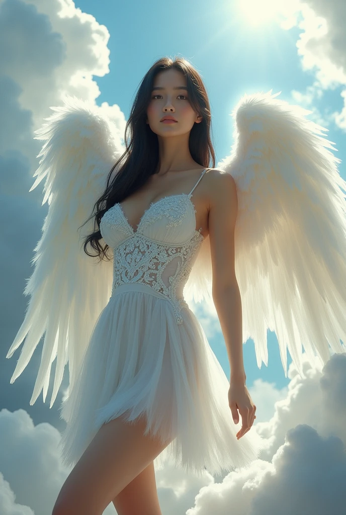 woman, long straight black hair, medium bust, short dress with white feathers, white angel wings, one leg slightly bent, looking at the camera, surrounded by clouds with flashes of sun rays, photorealistic