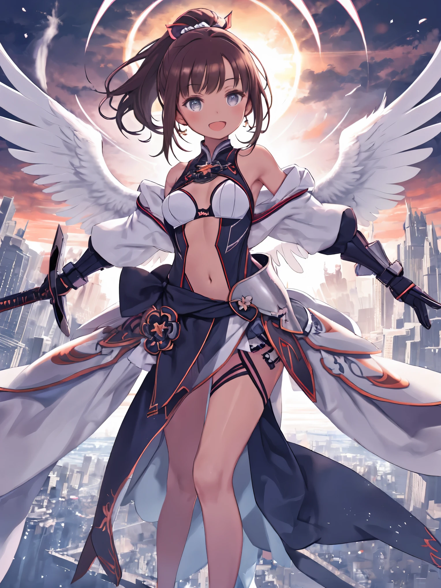 fantasy, 1angel_girl, low_, dark_brown_hair,ponytail,long_bangs, (dark_skin)+, bare_shoulder, navel out, thighhighs,silver_shiny_armor, white_clothes,waist_armor, Glebe, hold_swords_emits_light, medium_breasts, dynamic_flying_pose,Floating, (1pair_white_wings:1.2),(pelvic_curtain:1.3), silver_Headgear ,looking_down_at_sunset_city_sky_background,,slightly_spread_legs, ,solo,glare_halo,laugh ,smile,open_mouth,open_legs,open_arms,rise_knee,rise_leg,rise_thigh,rise_leg,forward_leaning_posture,apart_legs,trying_to_hug_viewer