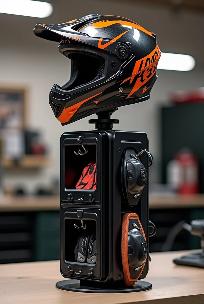 A rotating motorcycle helmet and accessory organizer that can also be used to hang jackets. 
