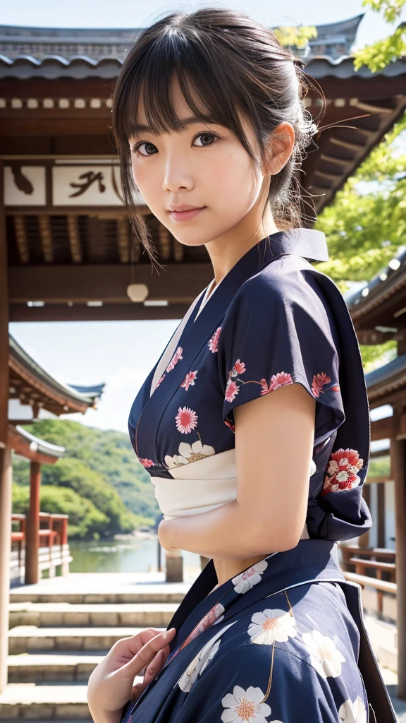 Create a highly realistic image of a woman wearing a traditional yukata. Her face is meticulously detailed with perfectly symmetrical features, soft facial contours, and large, expressive eyes. She has bangs that frame her face delicately. The background is a serene shrine, capturing the traditional and peaceful atmosphere of the setting. The overall image should emphasize the natural beauty of the woman and the cultural richness of the shrine backdrop.