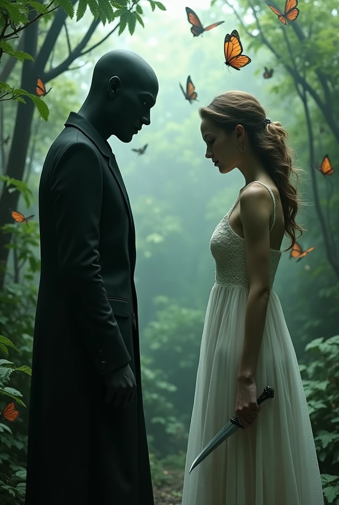 Create an image with two boys inside a butterfly house. The boy has a black suit, He has his face covered and is holding the door. The girl is wearing a white nightgown and butterflies are flying around her both. more realistic. The boy and the girl are adults and they are facing each other but they are separated and the boy is wearing a black suit covered from head to toe. More separated. The girl has a dagger in her hand 