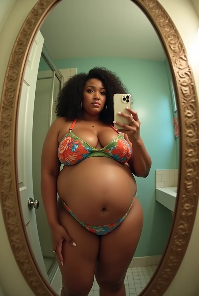 Pov fisheye camera view when fat mother Cardi B plus size is 9 months 39 weeks pregnant taking a selfie wearing a bikini and holding an iPhone11 in front of the bathroom mirror with a big belly. HD, cinematic, 25k, ultra detail, extra-high shapering, masterpiece