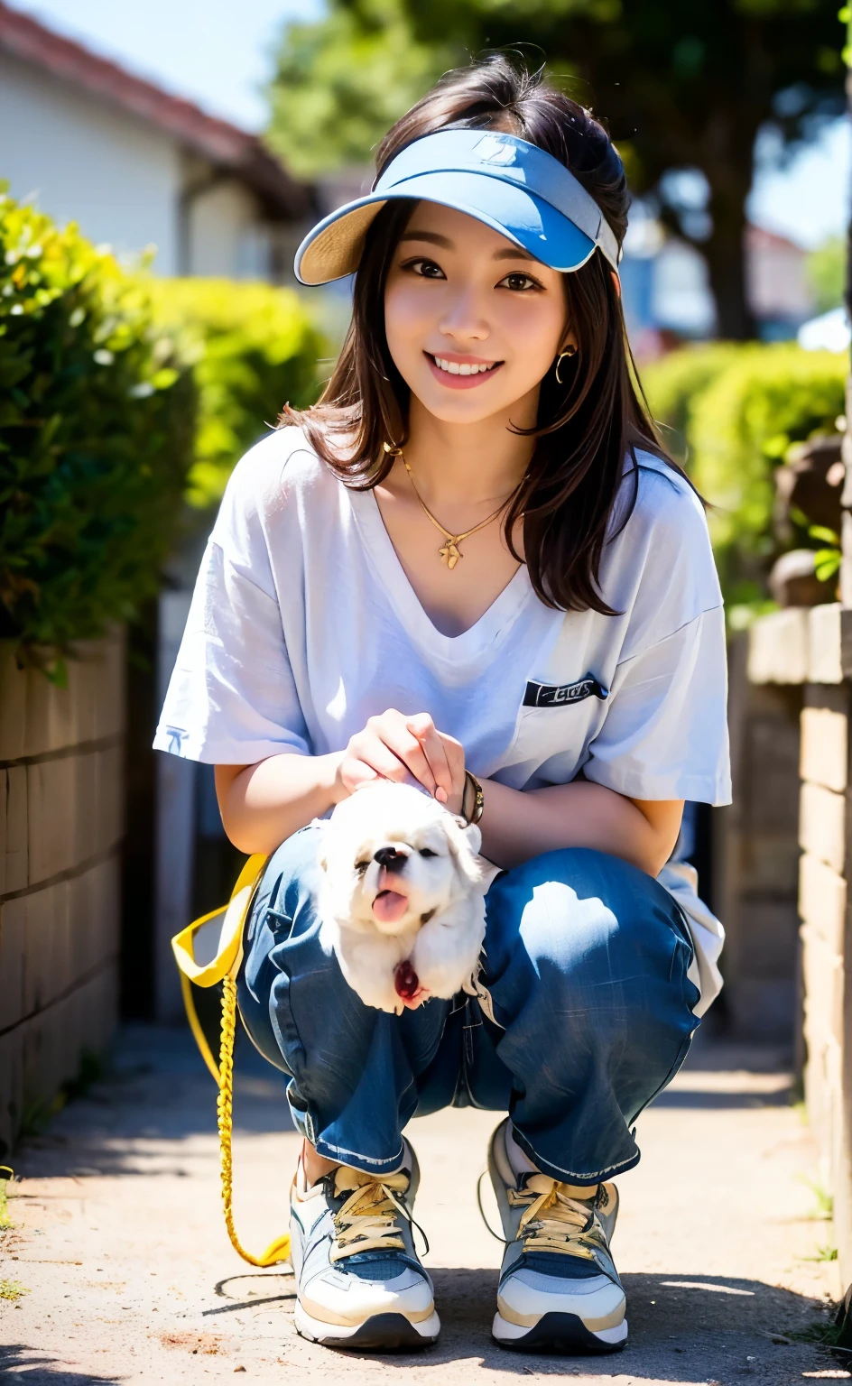 (((Meticulously and realistically depicting limbs based on perfect anatomy))),First Person,Highest quality,8k,Realistic,Portraiture,beautifufl detailed eyes, White-skinned Lute,Long eyelashes,Ulzan 6500,dynamic,(((A beautiful 20-year-old idol walking her beloved golden retriever on a leash))),A 20-year-old idol who looks good in necklaces and earrings,(((Pair a sun visor with a V-neck T-shirt, loose linen baggy checked pants, and sneakers.))),(((Shiho is so cute as she smiles, squats with her knees together, pets the dog's head, and talks to it while tucking her chin in and laughing.))),Narrow waist,(Aerial shot of her and her dog from a high position behind her),最高の8k画質,Professional perspective,Great details,Ultra-high resolution,Realistic:1.4),Attention to detail,(鍛えられた上向きのヒップにNarrow waistのナイスボディ),Amazing beauty condensed into one girl,Beautiful brown hair braided,A delicate, high nose and glossy lips,Beautiful Face,Model-like long limbs and a slim waist,The short hem shows off her beautifully toned ankles, which are accented by her white sneakers.,
