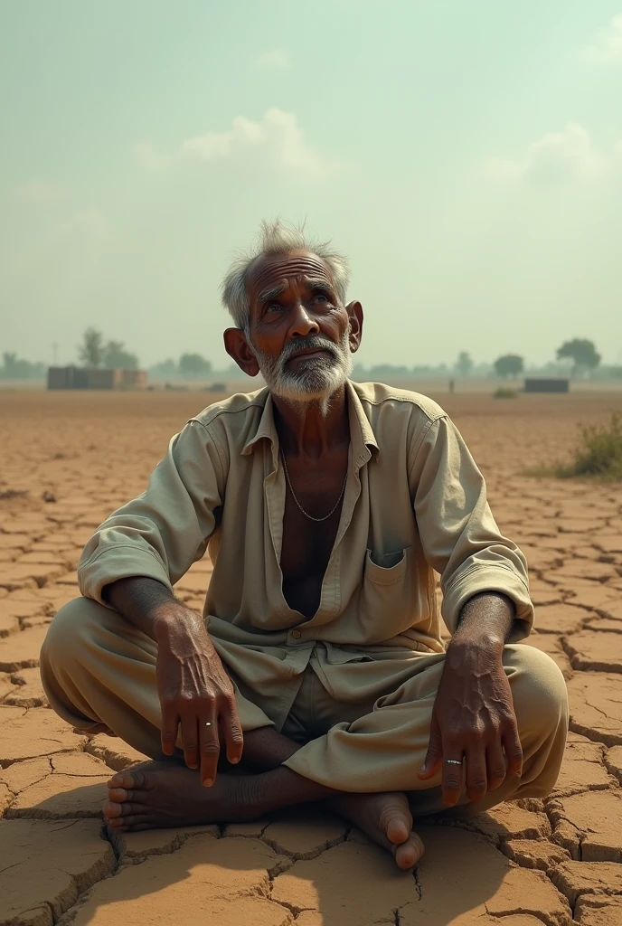 Indian Farmer doesn't have food sitting sadly in his own dry farming land sadly seeing the sky for the rain
