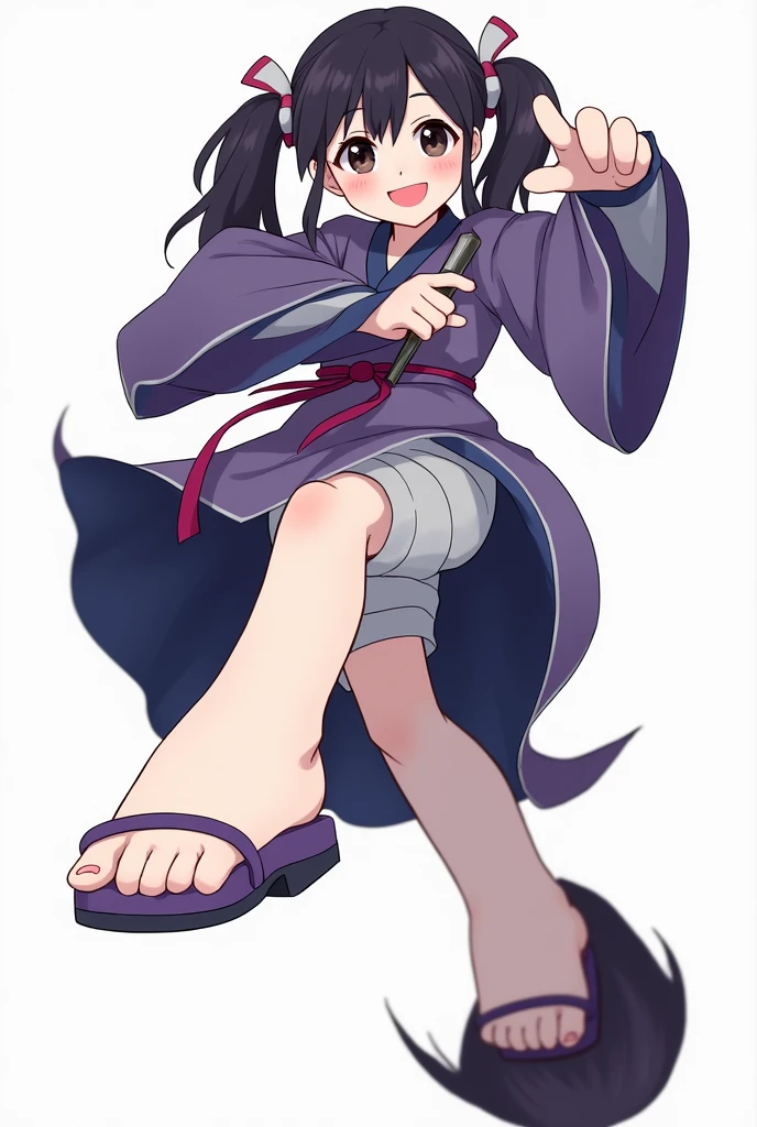1 girl、solo、Blushing、Staring at the audience、smile、Twin tails、Simple Background、Long sleeve、Holding a knife、Mouth closed、Are standing、Purple Hair、whole body、Chinese clothes、Raising his leg、Standing on one leg、Purple Chinese Dress、White shorts、Purple Shoes、No socks、Kung Fu Shoes