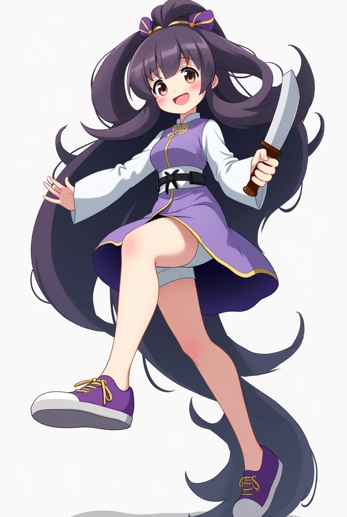 1 girl、solo、Blushing、Staring at the audience、smile、Twin tails、Simple Background、Long sleeve、Holding a knife、Mouth closed、Are standing、Purple Hair、whole body、Chinese clothes、Raising his leg、Standing on one leg、Purple Chinese Dress、White shorts、Purple Shoes、No socks、Kung Fu Shoes