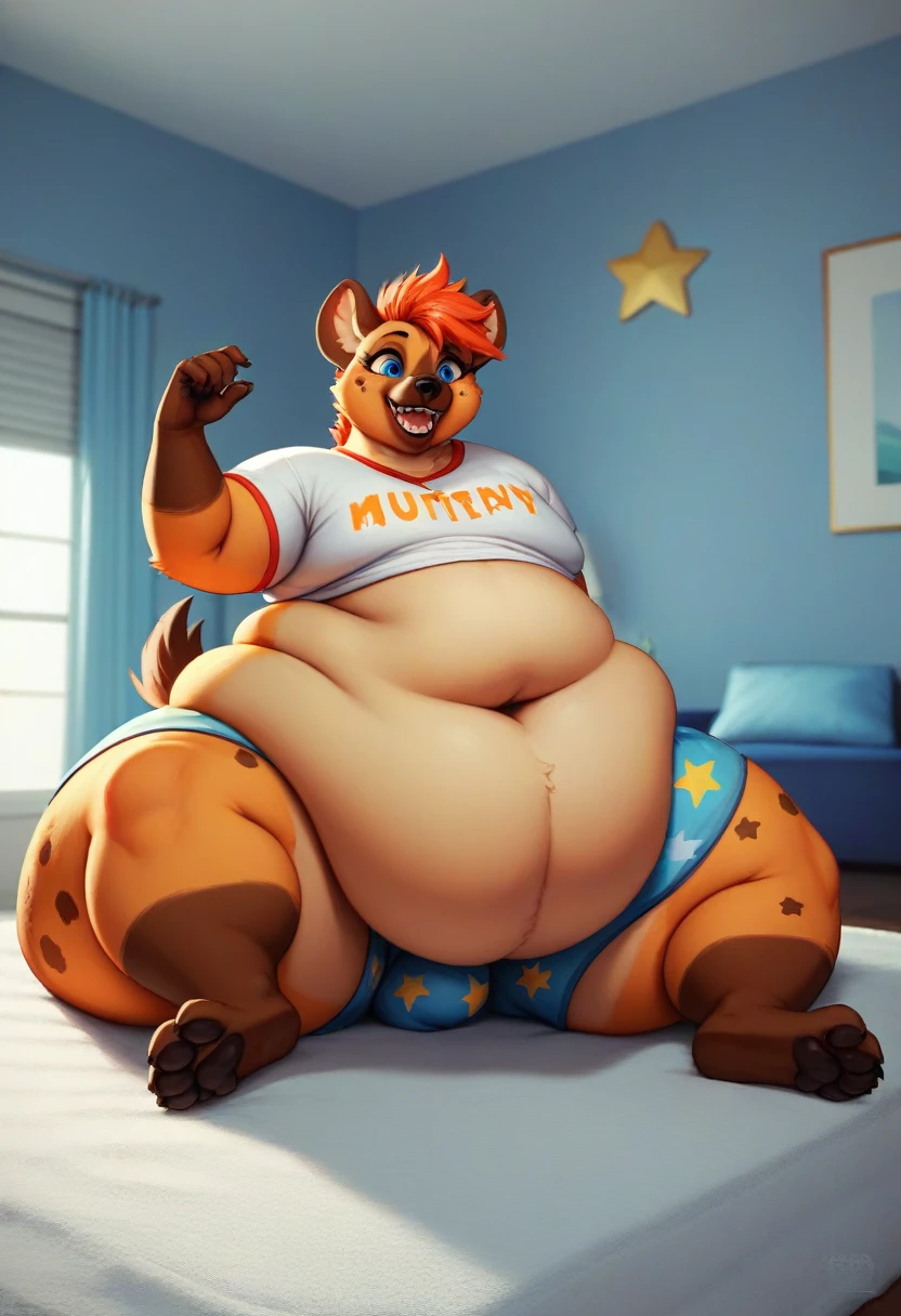 Sssbbw, hyena, orange fur, blue eyes, femboy, morbidly obese, immobile, gluttony hungry, cozy, t-shirt, star pajamas, stuffing over full stomach, deep navel, indoors, Masterpiece_2.1, 4K UHD