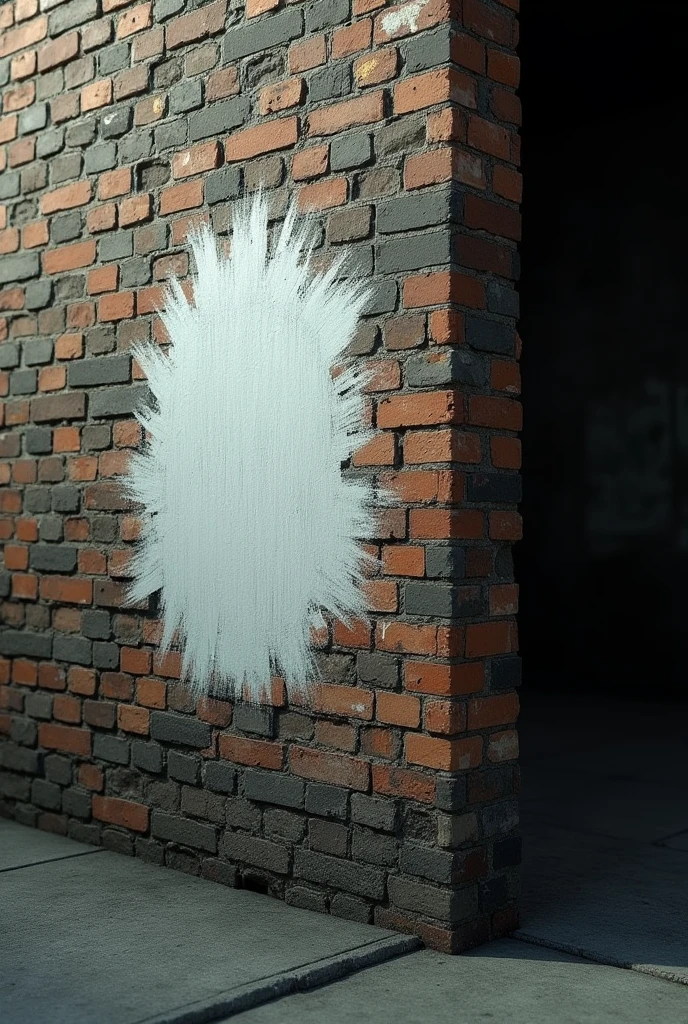 The corner of a brick wall with a smear of white paint spread across it