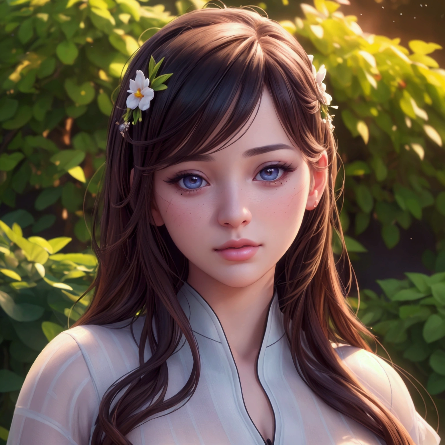 a girl in a garden, hoozue poozu pose, beautiful detailed eyes, beautiful detailed lips, extremely detailed face, long eyelashes, portrait, realistic, photorealistic, (best quality,4k,8k,highres,masterpiece:1.2),ultra-detailed,(realistic,photorealistic,photo-realistic:1.37),HDR,UHD,studio lighting,ultra-fine painting,sharp focus,physically-based rendering,extreme detail description,professional,vivid colors,bokeh,warm color tone,dramatic lighting