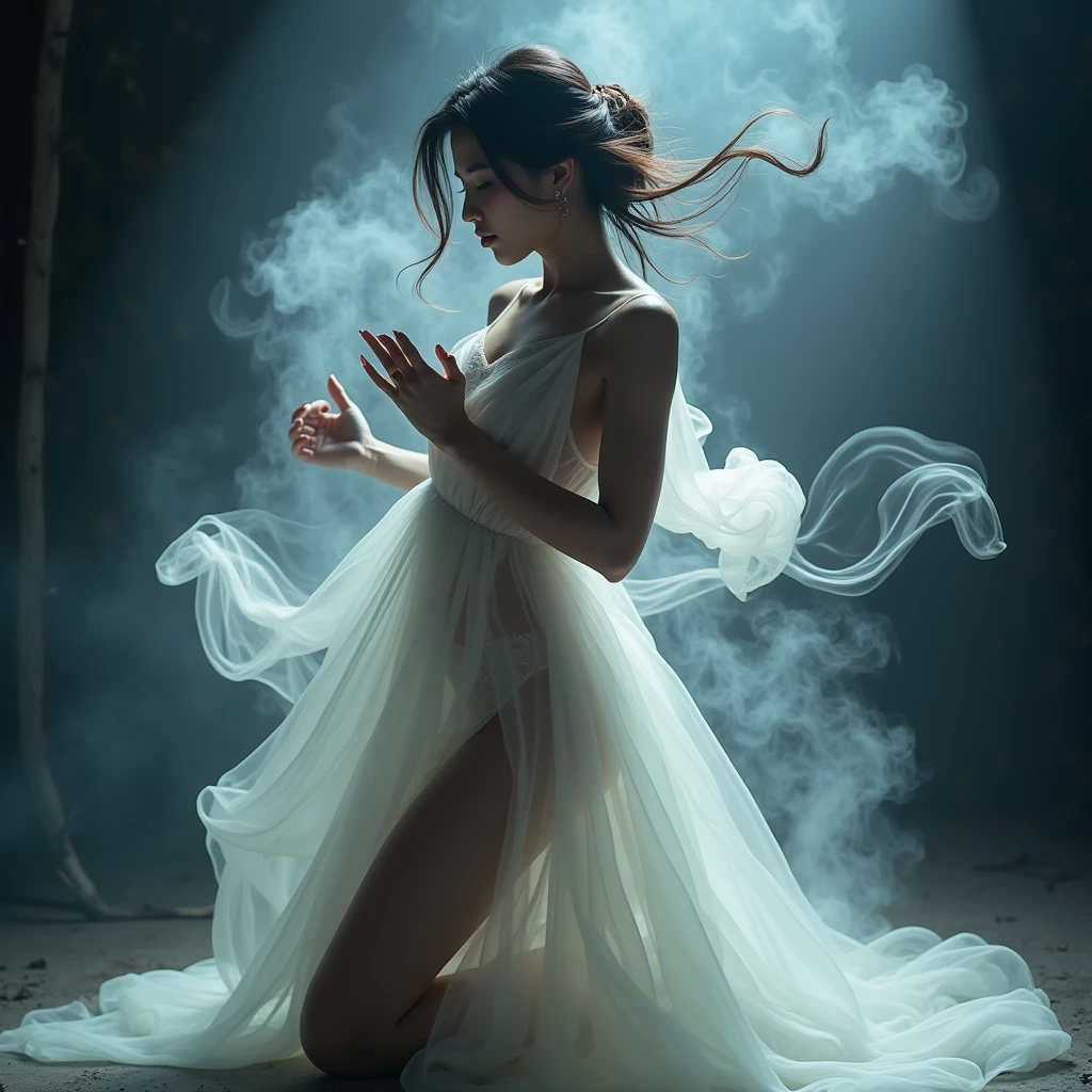 A painting of an Eastern woman made of smoke,dance, Sweaty body stockings,Beautiful posture,Art Photography