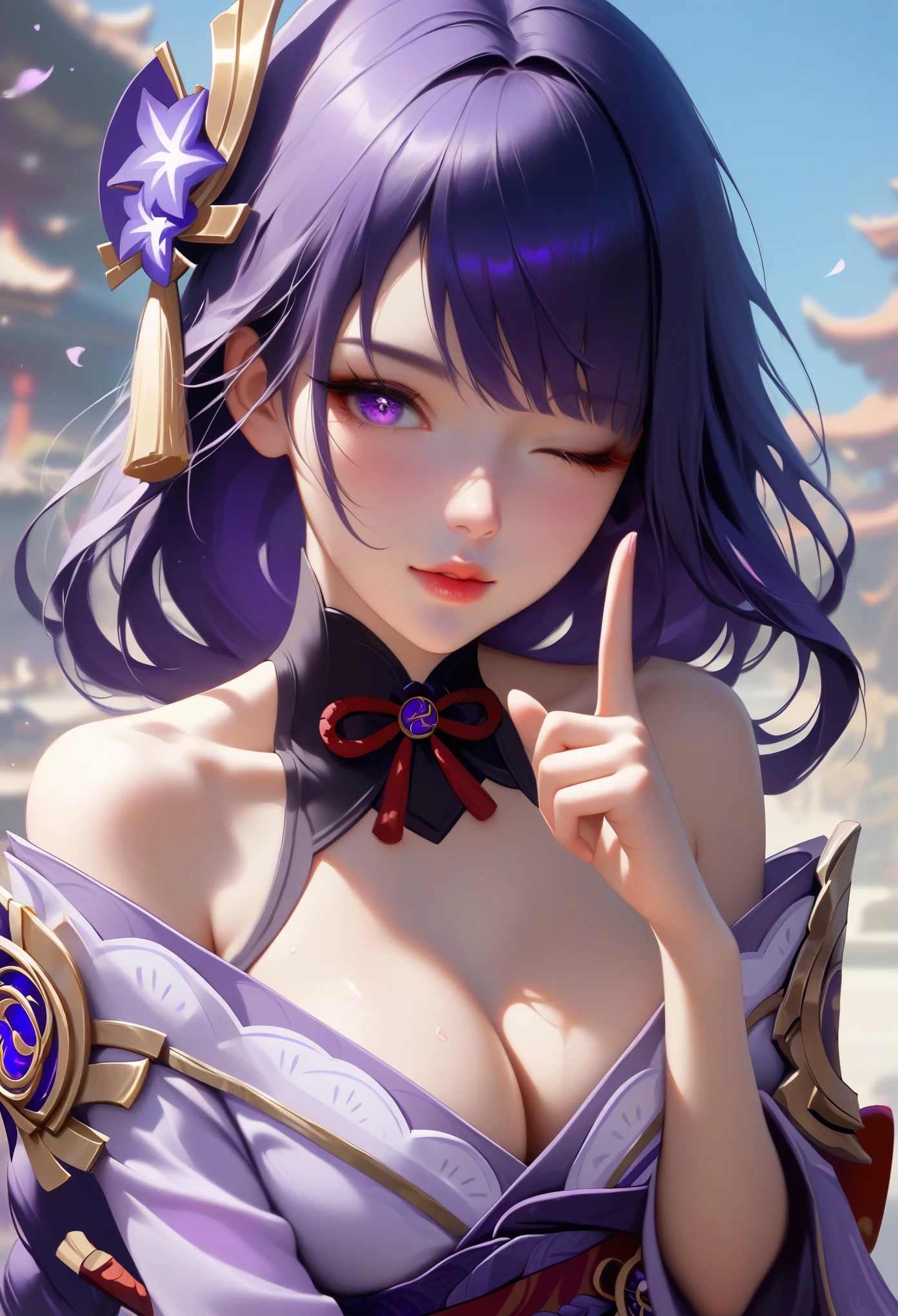 score_9, score_8_superior, score_7_superior,sauce_anime, High-resolution images,masterpiece,Highest quality,girl,Cute Face,large breast ,Beautiful Skin,_Shogun_Genshin Impact, Purple long hair,One finger raised to his lips,Winking with one eye closed,Slouching