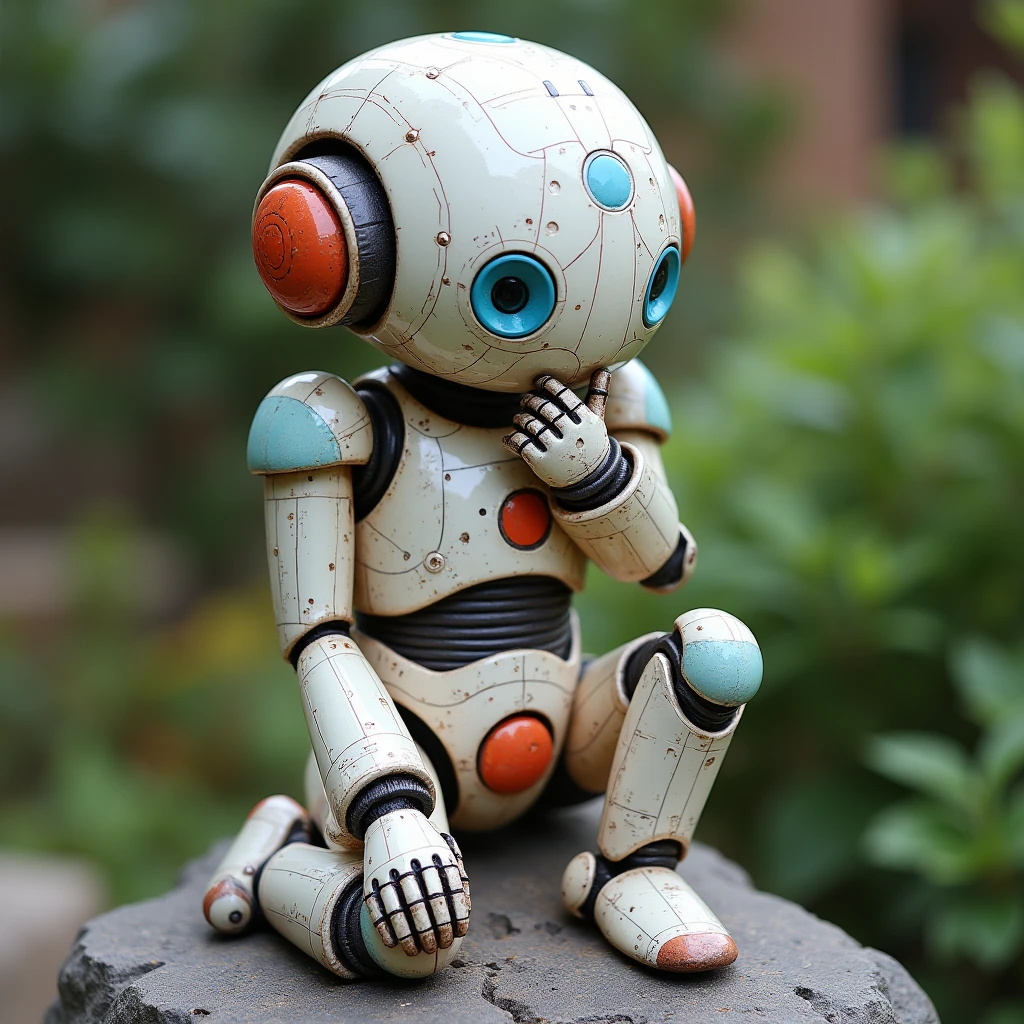 (Beautiful ceramic robot), Sitting on a stone, Holding chin with both hands, Diffuse lighting, fantasy, complex, elegant, Colorful grid suit, Very detailed, Artworks of Yoshitaka Amano,Garden Background,