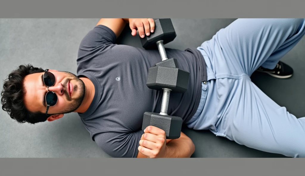 A bodybuilder with dumbbells and tables with sunglasses wears a white t-shirt