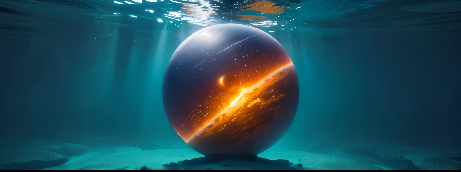 a mystical underwater scene, a glowing sphere on the ocean floor, space inside the sphere, highly detailed 3D, hyper realistic, cinematic lighting, vibrant colors, serene ocean, photorealistic, award winning, masterpiece