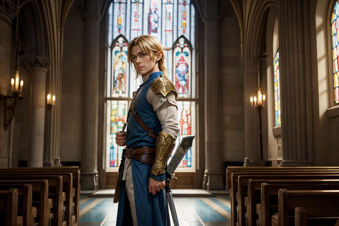 Very detailed, Live Action、Ultra-realistic digital portrait of Link from The Legend of Zelda, Very detailed顔の特徴, Piercing blue eyes, Sharp jawline, disheveled golden hair, Confident expression, 緑をテーマにしたエルフの服

The interior of the church is bathed in a warm, soft light from the stained glass windows, casting gentle hues across the stone walls and floor. Link’s face shows a mixture of relief and steadfast resolve, with his strong jawline and confident stance. He may be resting one hand on the hilt of his sword or adjusting his gear, ready to continue his quest even in this moment of respite.