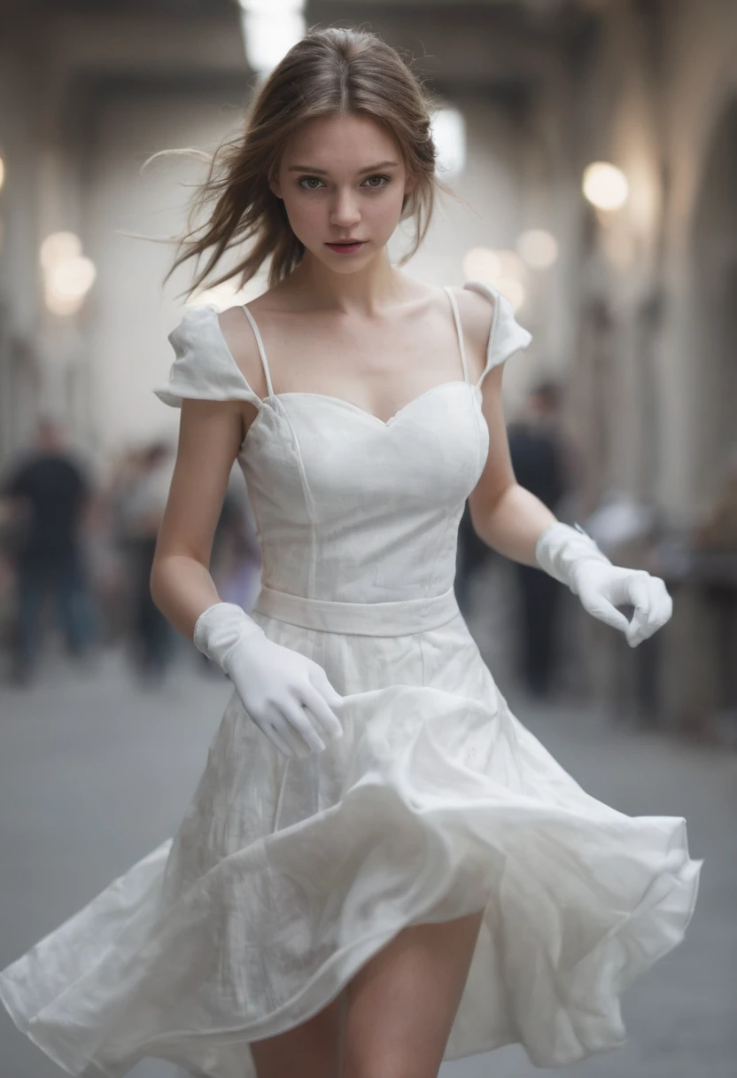 (photo realistic:1.55), masterpiece, best quality, detailed, blurry, depth_of_field, blurry_background, blurry_foreground, 1girl, gloves, white_gloves, dress, motion_blur, photo_(medium), solo, white_dress