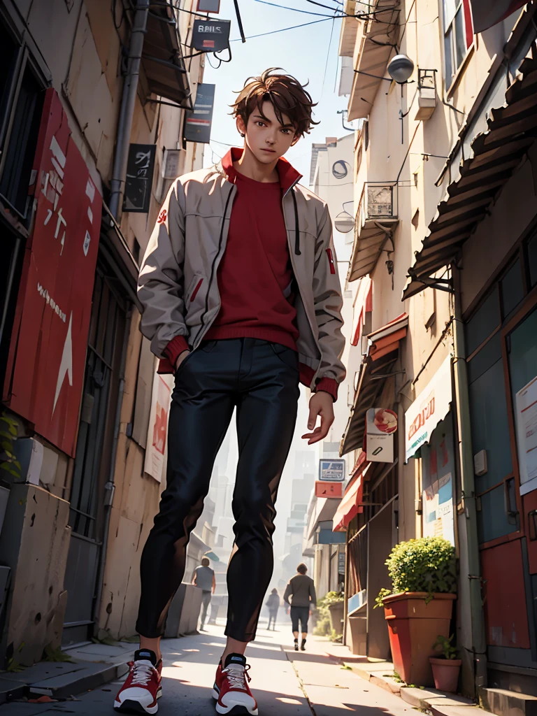 A boy, slightly dark brown hair, skin fair, lightbrown eyes, light gray jacket, Red shirt, black pants, Red sneakers, looking at the camera, Setting of a futuristic city
