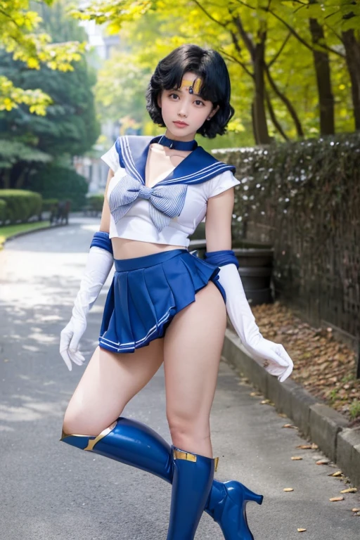 arafed asian woman in a tight white sailor uniform and tiny blue skirt posing for a photo, very sexy pose, elegant seducing pose, sexy look, sultry body,  anime girl cosplay, ((tiny blue miniskirt|plaid miniskirt)), ((huge breasts|white sailor uniform)) ((white sailor shirt|blue collar|blue bow)), ((long blue boots|high heels|knee-high)), ((long white gloves|blue stripes)), ((blue choker|sapphire)), ((wearing a golden tiara on forehead)), ((long slender legs)), ((tiny white thong)), 2  female model, beautiful alluring teen, model with attractive body, sexy body, gorgeous young korean woman, beautiful feminine body, gorgeous young model, young sensual graceful, gorgeous chinese model, ((curly bangs)), ((very dark short hair)), ((black hair in a rough shag)), wavy hair, (masterpiece:1.3), high resolution, ((sailor mercury)),((outdoors,park,bright and sunny))