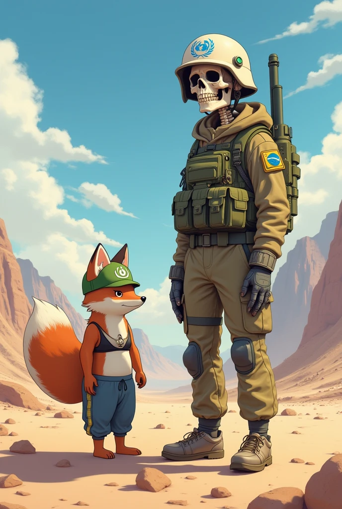 Brazilian skeleton soldier with UN helmet, with the company of a furry fox in a bra and sweatpants with a UN helmet on a peace mission in the Chilean desert in a cute sensual anime drawing.