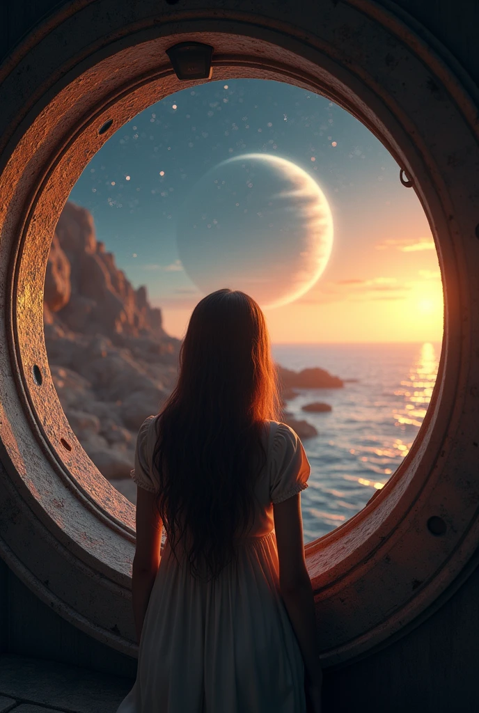 Cinematic 64 k portrait image, A girl looking out the window - from an alien space ship - she sees an ocean scene with an alien planet circling over a deserted area, in the style of vray tracing, golden light, carl zeiss distagon t* 15mm f/2.8 ze, plein air landscapes, cold and detached atmosphere, lively landscapes, landscape painting --ar 16:9 --s 150 --c 10 --v 5.2 --q 2, high octane render, high resolution , A cosmic digital artwork depicting blending with the galaxy's arms against a starry, dark void background, brown long hair