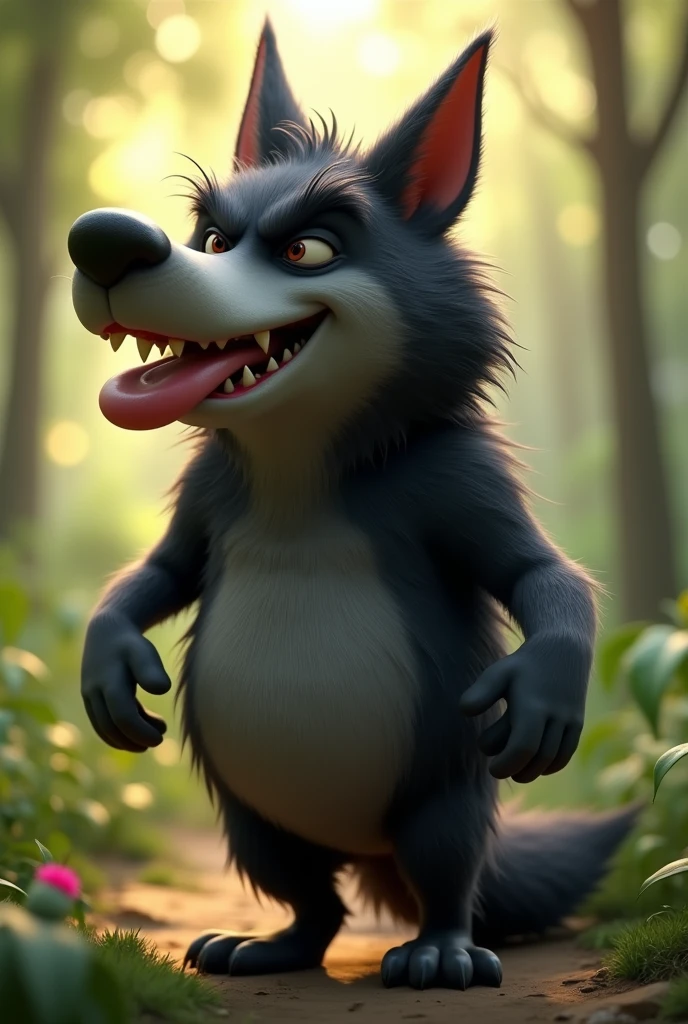 pixar style, sideview of a 3d style, cute but revengeful mischief black furry wolf with grey snout and belly, with realistic black fur, 3D illustration, captured in a highly exaggerated cartoonish pose ((blowing air from mouth with full force:1.5)). The wolf's cheeks are puffed, lips rounded and eyes closed. The wolf's legs are bent, and its arms stretch backward, emphasizing the comical exertion. The expression on the wolf's face is exaggerated, with closed eyes, furrowed brows, and a humorous intensity. (1male wolf:1.2), (sinister and mischief expression:1.5), dark behaviour, lean build, (disproportionate body long nose and mouth), (realistic fur texture), (jungle background:1.4), sunlight filtering through the trees, (soft lighting:1.3), (green and earthy color scheme:1.3), (highly detailed), (ultra quality:1.3), (masterpiece), (digital art), 8K resolution, HDR, depth of field, (soft shadows), (photorealistic:1.3), (animation:1.2), (by Greg Rutkowski:0.9), (in the style of Alphonse Mucha), trending on ArtStation, award-winning art, 3d style