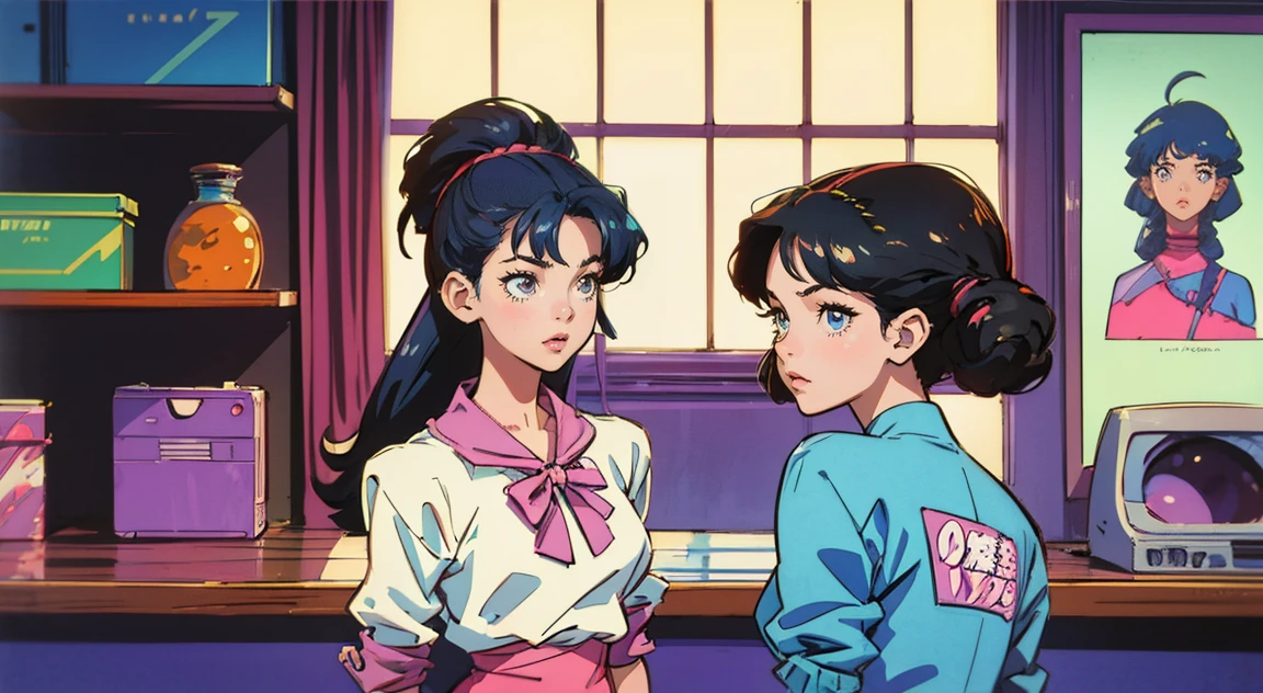 highest quality, masterpiece), 2 Girls, 1980s \(style\)Standing in front of a shelf and looking back,\(style\)Upper Body,pin up , \(style\)Black hair color,\(style\), citypop, lofi,\(style\),1980s fashion,,casual,1980s fashion, citypop,retro,\(style\)Museum,Window,\(style\)80s anime art style, In 80s anime art style, LOFI Girl, 90s anime art style, 1980's anime style, 80s anime style, 80&#39;s anime vibe, 90s anime style, 90s anime style