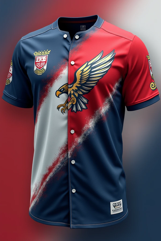 Generate a short sleeve baseball shirt. Includes these aspects, a shield of some institution on the shoulder , includes a blur with the following colors (red, navy blue and white) with a drawing of an eagle on the abdomen, the eagle that is seen as little as possible. In the part of the chest that says "Mugica" with special type of tra and in golden color.
That fence blurred with the previous colors. that all the colors go in a kind of blur.