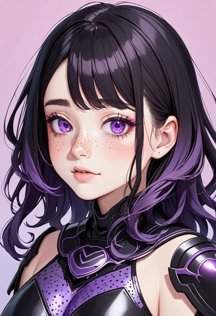 a woman with wavy black hair and purple eyes, black alien armor, freckles, blush, ombre, cute face