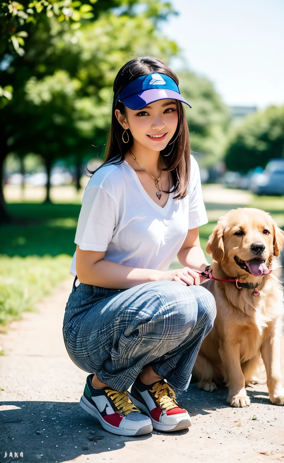 (((Meticulously and realistically depicting limbs based on perfect anatomy))),First Person,Highest quality,8k,Realistic,Portraiture,beautifufl detailed eyes, White-skinned Lute,Long eyelashes,Ulzan 6500,dynamic,(((A beautiful 20-year-old idol walking her beloved golden retriever on a leash))),A 20-year-old idol who looks good in necklaces and earrings,(((Pair a sun visor with a V-neck T-shirt, loose linen baggy checked pants, and sneakers.))),(((Shiho is so cute as she smiles, squats with her knees together, pets the dog's head, and talks to it while tucking her chin in and laughing.))),Narrow waist,(Aerial shot of her and her dog from a high position behind her),最高の8k画質,Professional perspective,Great details,Ultra-high resolution,Realistic:1.4),Attention to detail,(鍛えられた上向きのヒップにNarrow waistのナイスボディ),Amazing beauty condensed into one girl,Beautiful brown hair braided,A delicate, high nose and glossy lips,Beautiful Face,Model-like long limbs and a slim waist,The short hem shows off her beautifully toned ankles, which are accented by her white sneakers.,