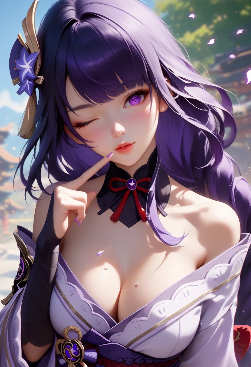 score_9, score_8_superior, score_7_superior,sauce_anime, High-resolution images,masterpiece,Highest quality,girl,Cute Face,large breast ,Beautiful Skin,_Shogun_Genshin Impact, Purple long hair,One finger raised to his lips,Winking with one eye closed,Slouching