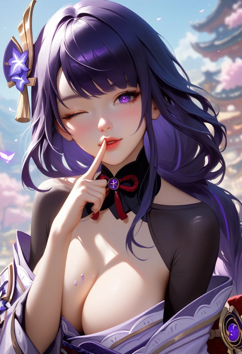 score_9, score_8_superior, score_7_superior,sauce_anime, High-resolution images,masterpiece,Highest quality,girl,Cute Face,large breast ,Beautiful Skin,_Shogun_Genshin Impact, Purple long hair,One finger raised to his lips,Winking with one eye closed,Slouching