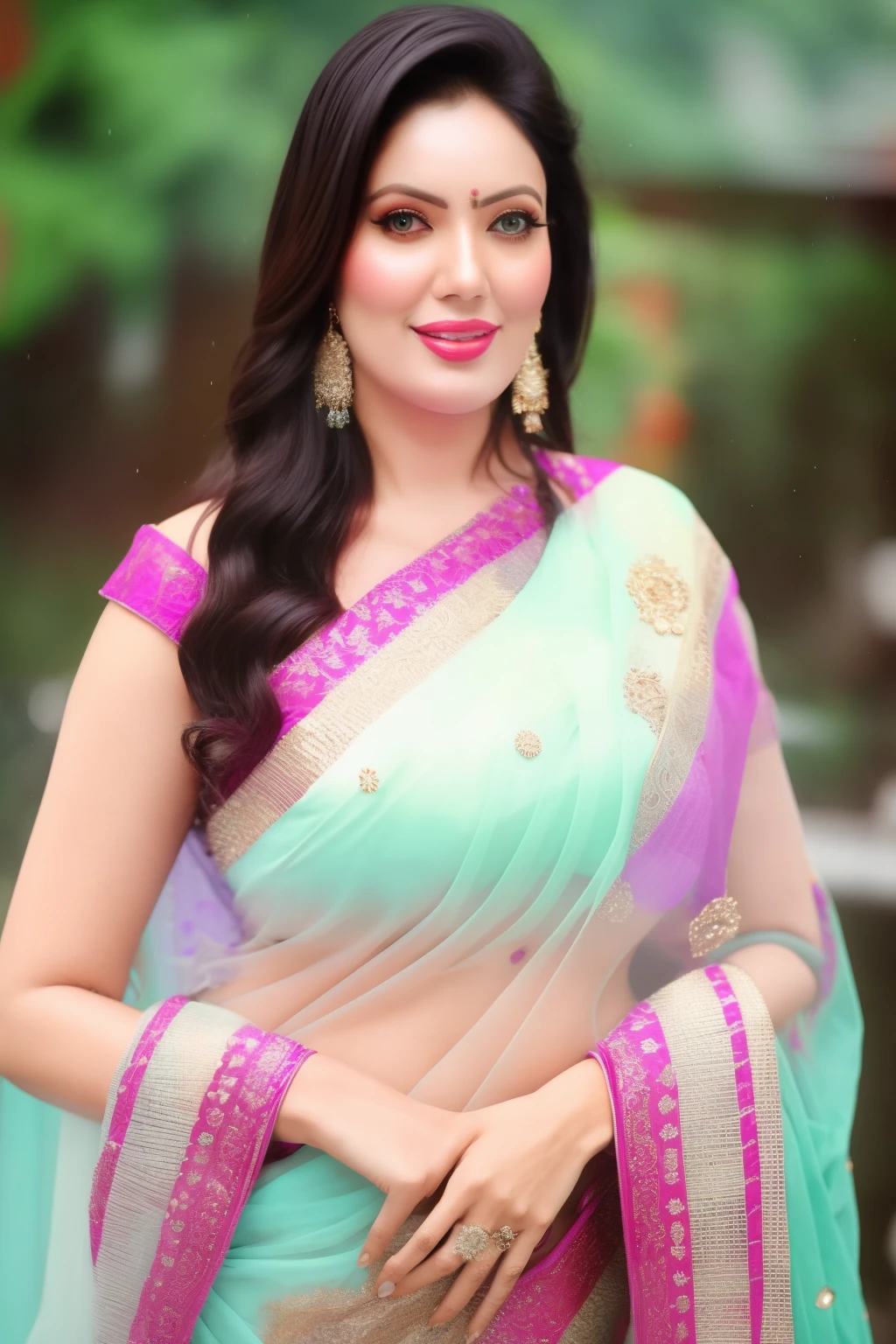 a photo of a woman, stylish, outdoor professional portrait, full body-shot, slight smile, cute, monsoon wether,munmun , huge boobs, transparent saree 