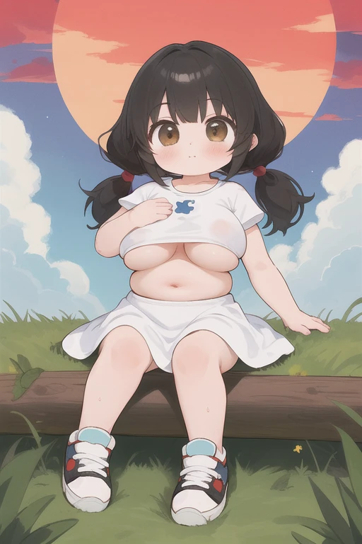 (Highest quality,masterpiece:1.3),((1 cute girl:1.2)),(child,:1.4), Low Twintails, hair, alone, Outdoor, cloud, black hair, dress, White footwear,Red Sky, shoes, Short sleeve, sneakers, View your audience, Brown eyes, white dress, whole body,Day, cloudy sky, 前hair, blue sky, Grass, blush, wood, (Huge breasts:1.6)、((Underboob))、sit