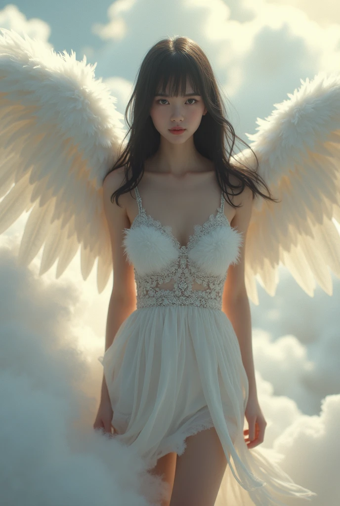 woman, long straight black hair, medium bust, short dress with white feathers, white angel wings, one leg slightly bent, looking at the camera, surrounded by clouds with flashes of sun rays, photorealistic