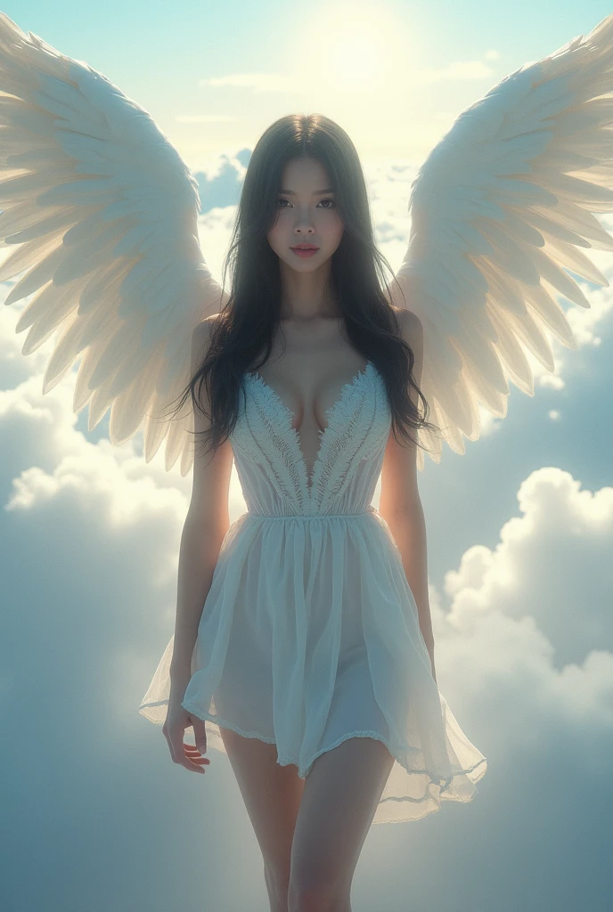 woman, long straight black hair, medium bust, short dress with white feathers, white angel wings, one leg slightly bent, looking at the camera, surrounded by clouds with flashes of sun rays, photorealistic