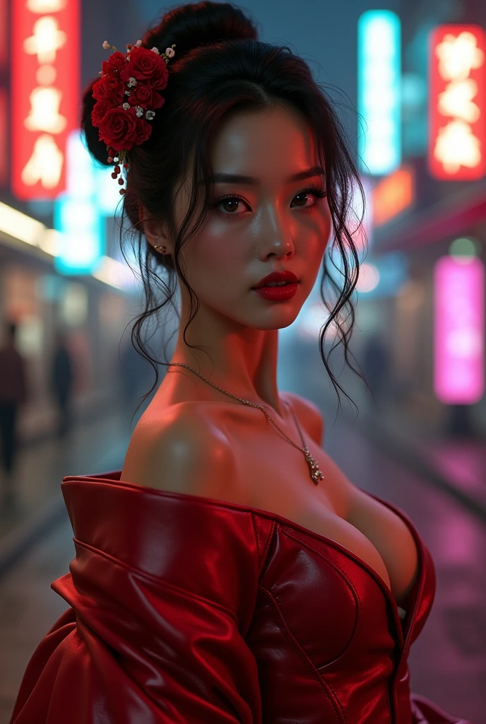 from low, A beautiful Asian woman, 2, bun and wavy hair, She is a men's magazine model, She has a subtle smile and flirts with the camera, (she is on the street of a futuristic cyberpunk city at night), (she wears a red leather cyberpunk Victorian geisha costume covering her chest:1.2), perfects eyes, perfect hands, perfectbody, perfect hair, perfect chest, Hair behind the ear, ultra HD, retina, work of art, precise, anatomically correcte, texturized skin, super detaill, High details, high qualiy, awardwinning, best qualityer, high resolution, 16K, 8k, cinematic lighting